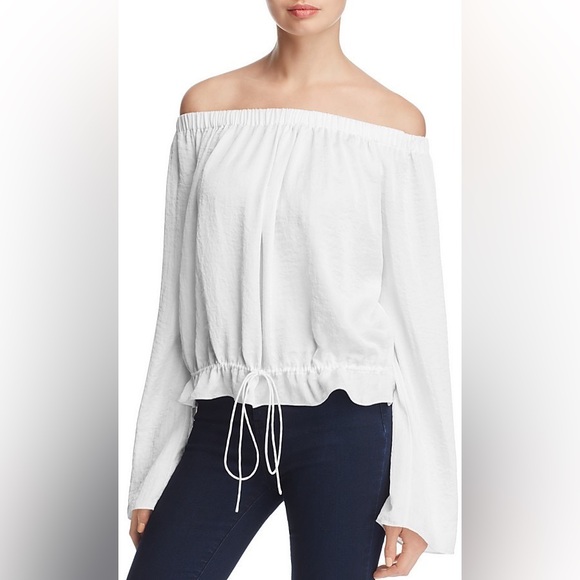 THEORY Odetta stretch off shoulder blouse seersucker size small blue white - Picture 8 of 8